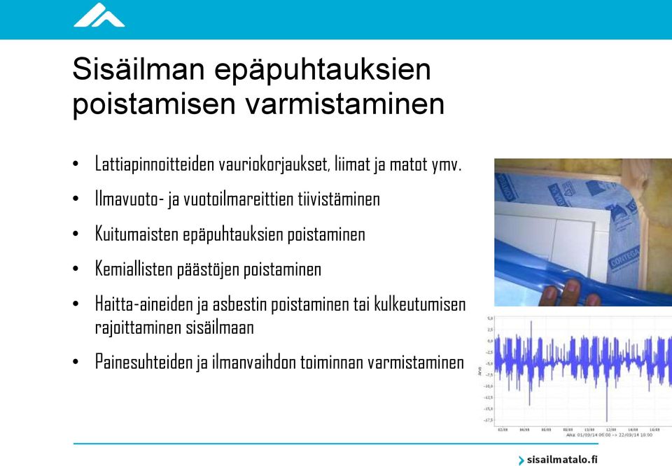 Ilmavuoto- ja vuotoilmareittien tiivistäminen Kuitumaisten epäpuhtauksien poistaminen