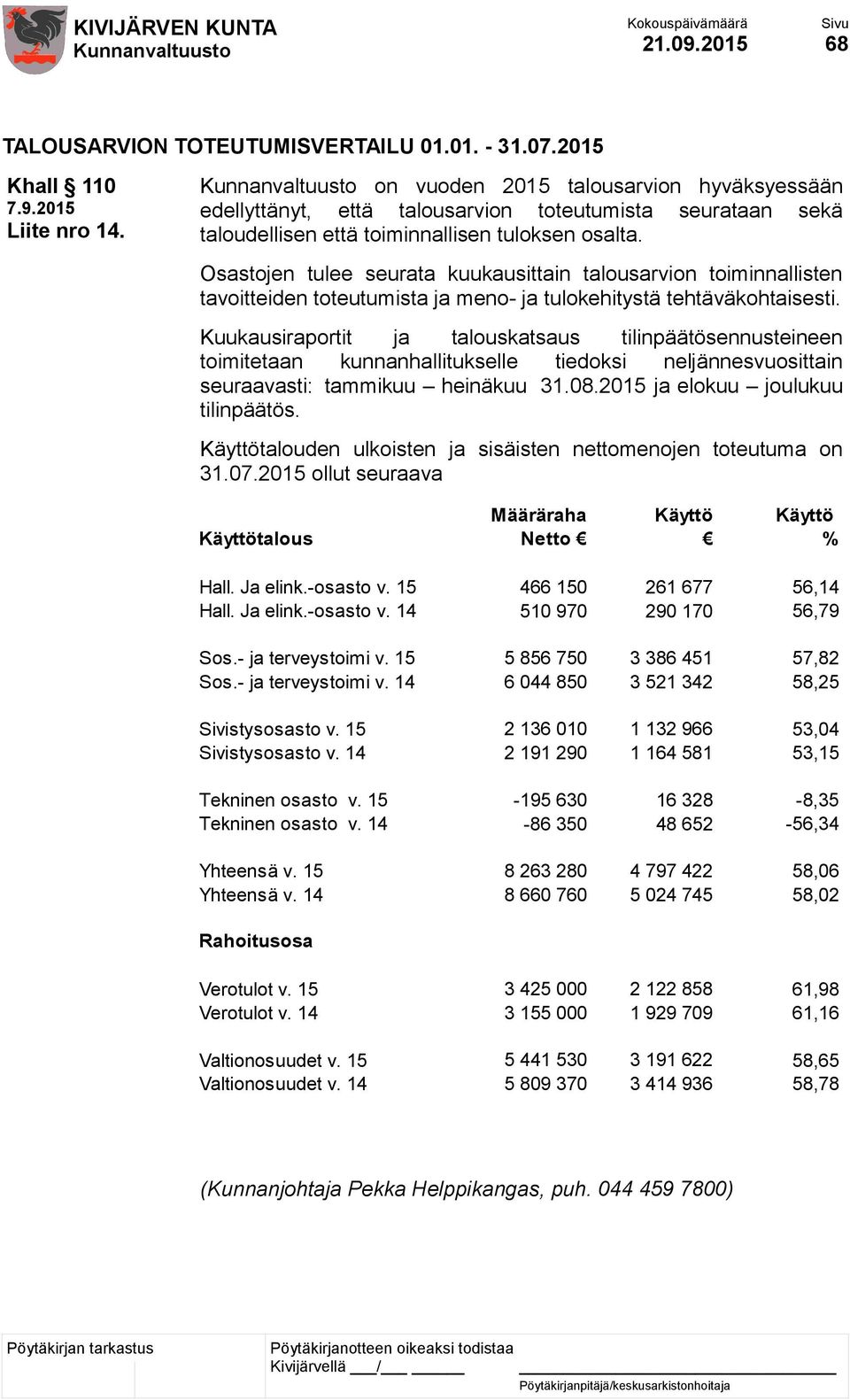 Osastojen tulee seurata kuukausittain talousarvion toiminnallisten tavoitteiden toteutumista ja meno- ja tulokehitystä tehtäväkohtaisesti.