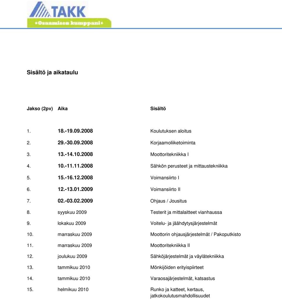 syyskuu 2009 Testerit ja mittalaitteet vianhaussa 9. lokakuu 2009 Voitelu- ja jäähdytysjärjestelmät 10. marraskuu 2009 Moottorin ohjausjärjestelmät / Pakoputkisto 11.