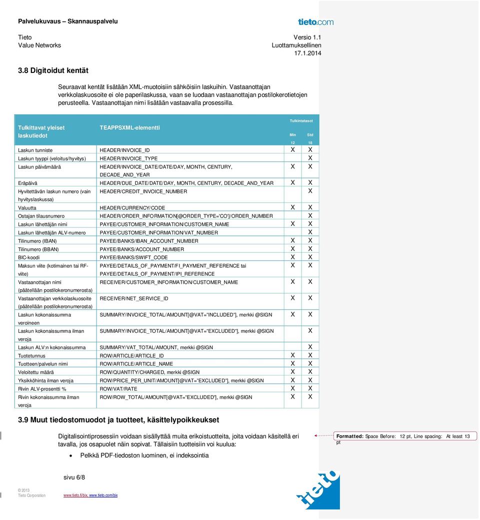 Tulkittavat yleiset laskutiedot TEAPPSXML-elementti Tulkintatasot Laskun tunniste HEADER/INVOICE_ID X X Laskun tyyppi (veloitus/hyvitys) HEADER/INVOICE_TYPE X Laskun päivämäärä