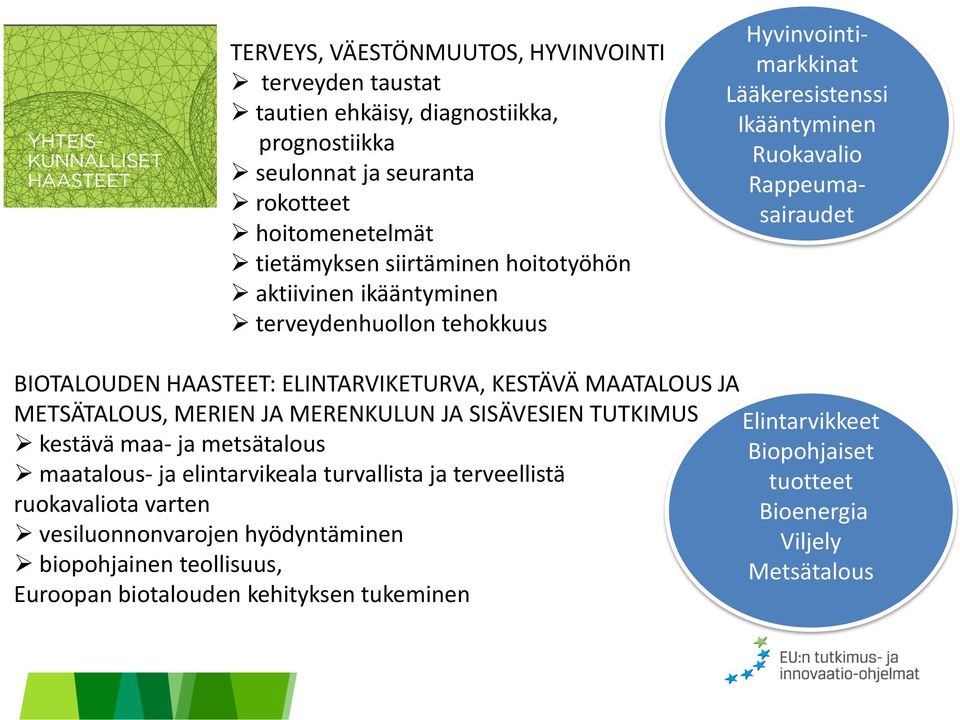 ELINTARVIKETURVA, KESTÄVÄ MAATALOUS JA METSÄTALOUS, MERIEN JA MERENKULUN JA SISÄVESIEN TUTKIMUS Elintarvikkeet kestävä maa- ja metsätalous Biopohjaiset maatalous- ja