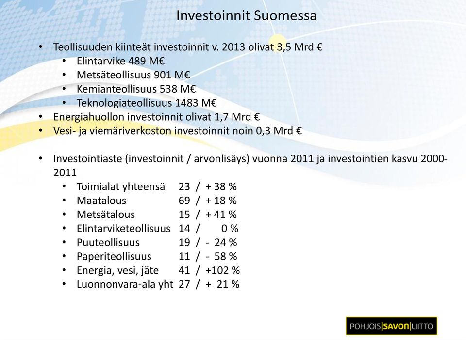 olivat 1,7 Mrd Vesi- ja viemäriverkoston investoinnit noin 0,3 Mrd Investointiaste (investoinnit / arvonlisäys) vuonna 2011 ja investointien