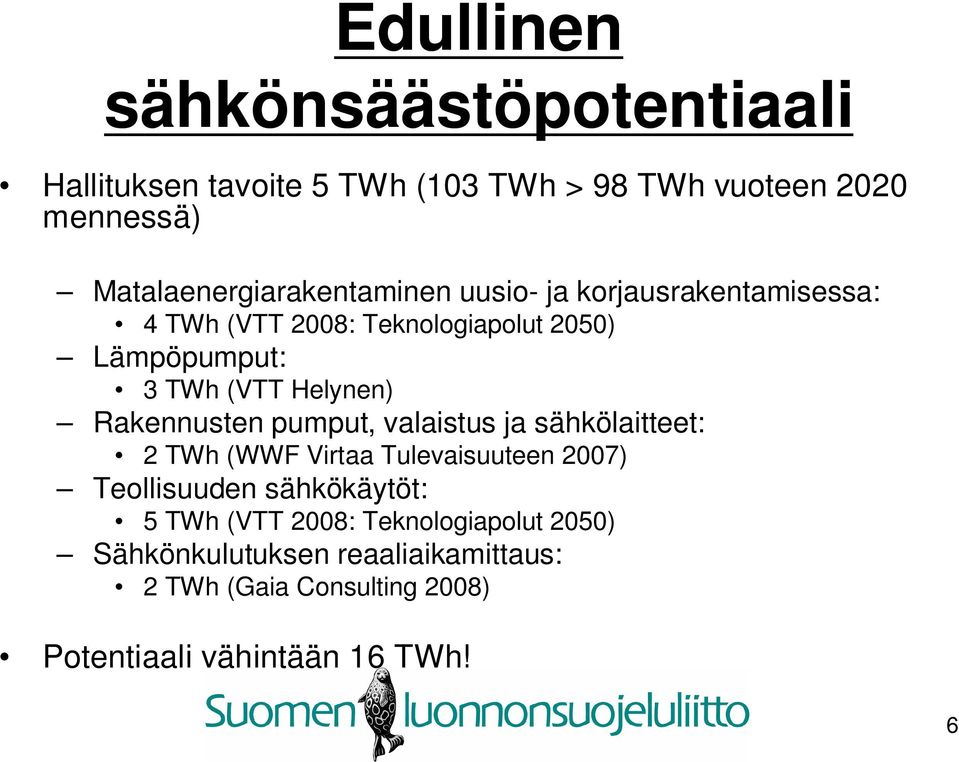 (VTT Helynen) Rakennusten pumput, valaistus ja sähkölaitteet: 2 TWh (WWF Virtaa Tulevaisuuteen 2007) Teollisuuden