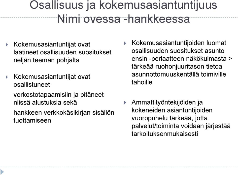 ruohonjuuritason tietoa asunnottomuuskentällä toimiville tahoille verkostotapaamisiin ja pitäneet niissä alustuksia sekä hankkeen verkkokäsikirjan
