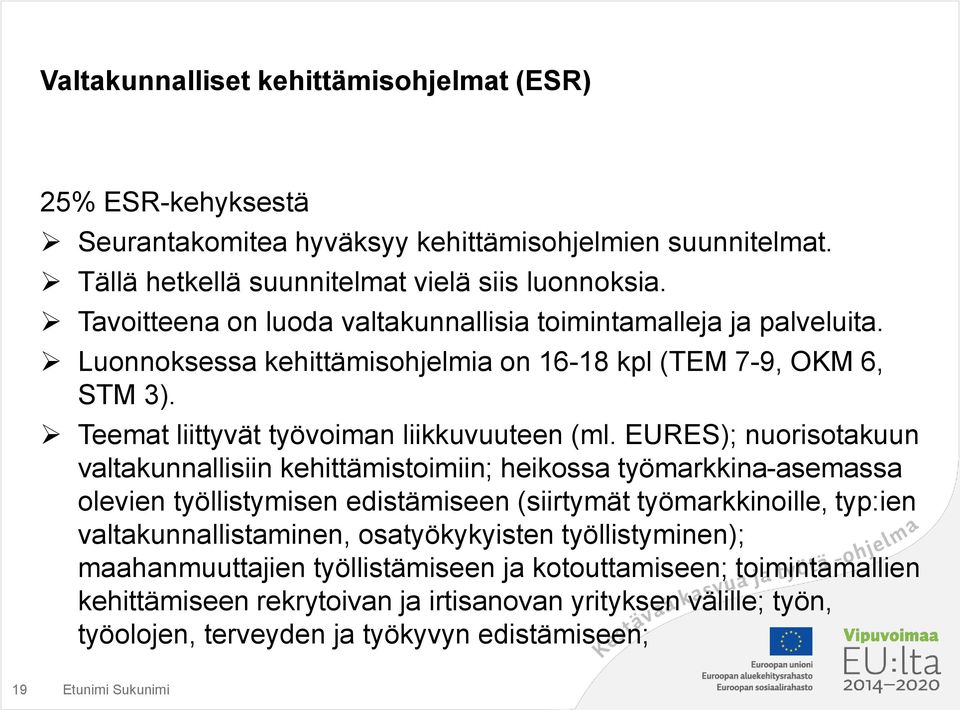 EURES); nuorisotakuun valtakunnallisiin kehittämistoimiin; heikossa työmarkkina-asemassa olevien työllistymisen edistämiseen (siirtymät työmarkkinoille, typ:ien valtakunnallistaminen,