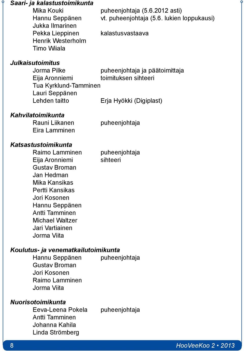 lukien loppukausi) kalastusvastaava Julkaisutoimitus Jorma Pilke puheenjohtaja ja päätoimittaja Eija Aronniemi toimituksen sihteeri Tua Kyrklund-Tamminen Lauri Seppänen Lehden taitto Erja Hyökki