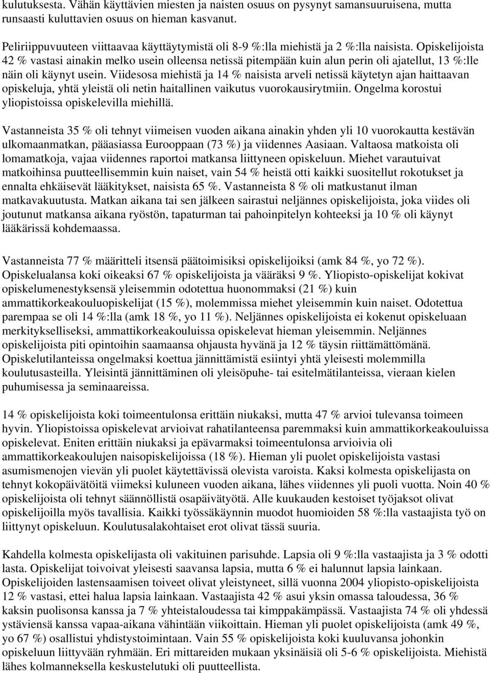 Opiskelijoista 42 % vastasi ainakin melko usein olleensa netissä pitempään kuin alun perin oli ajatellut, 13 %:lle näin oli käynyt usein.