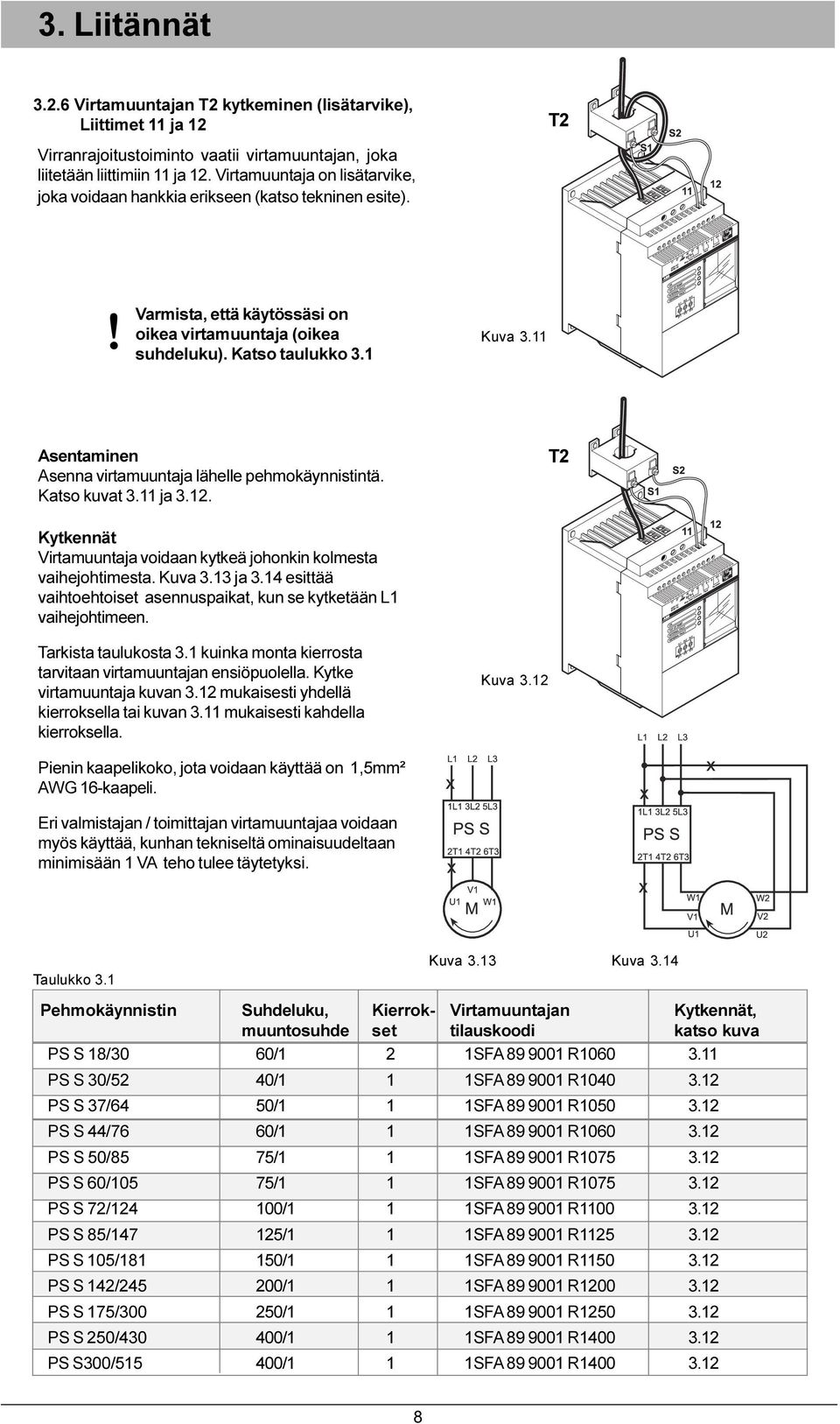 pehmokäynnistintä Katso kuvat 3 11 ja 3 12 T2 Kytkennät Virtamuuntaja voidaan kytkeä johonkin kolmesta vaihejohtimesta Kuva 3 13 ja 3 14 esittää vaihtoehtoiset asennuspaikat, kun se kytketään L1