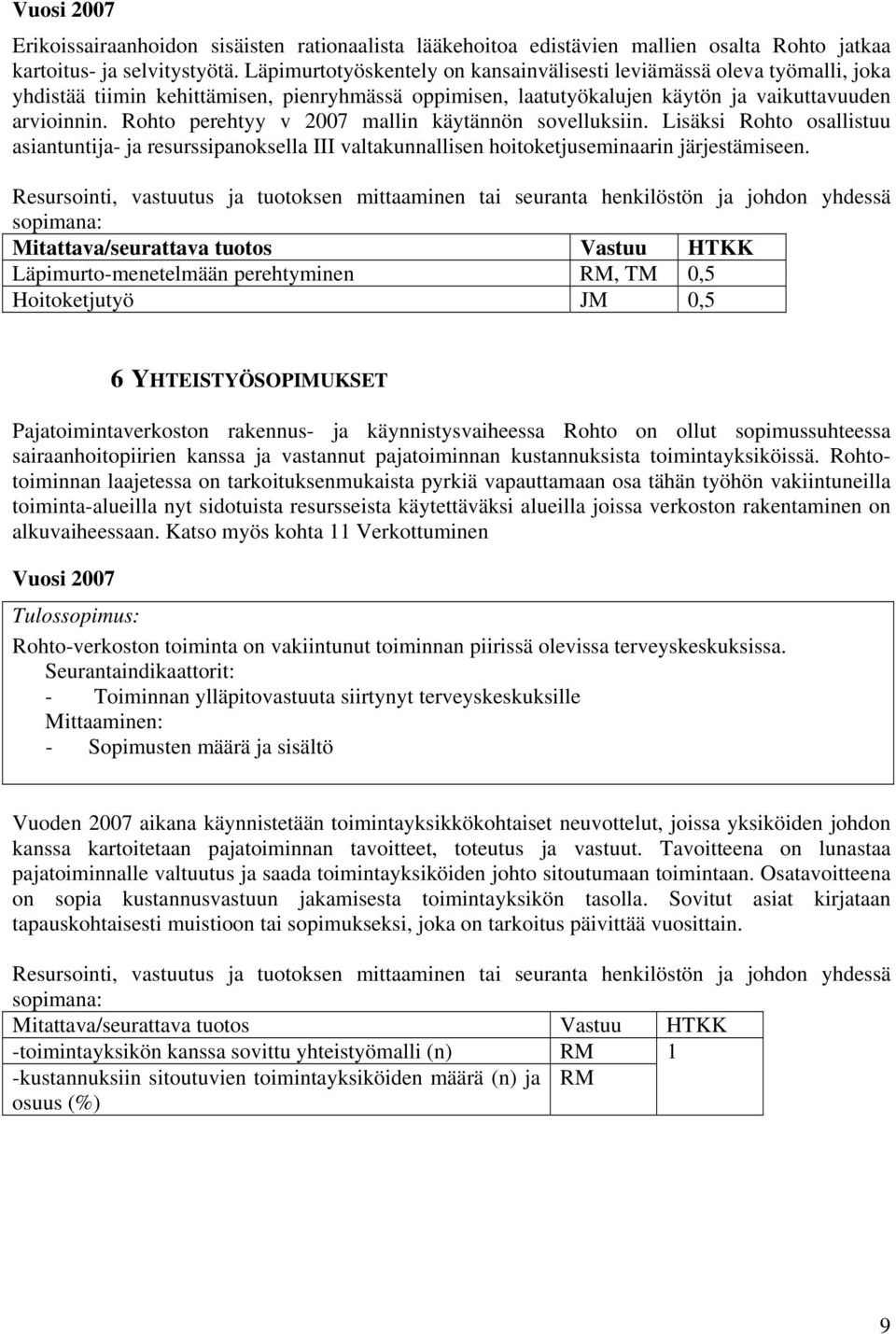 Rohto perehtyy v 2007 mallin käytännön sovelluksiin. Lisäksi Rohto osallistuu asiantuntija- ja resurssipanoksella III valtakunnallisen hoitoketjuseminaarin järjestämiseen.