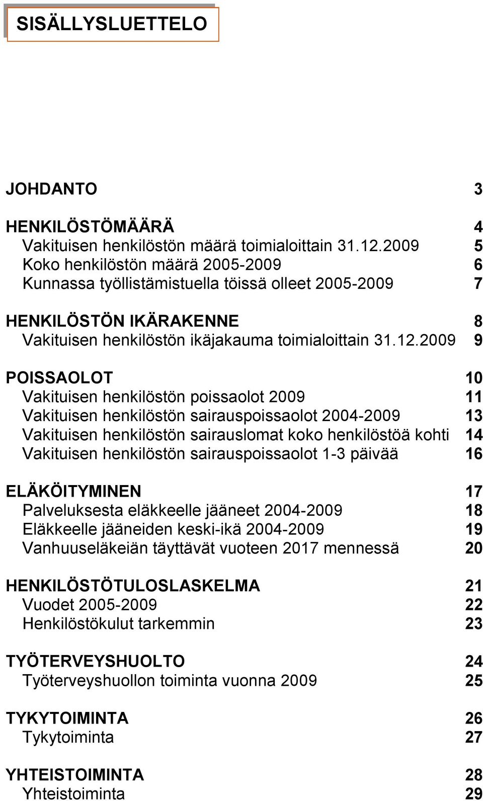 2009 9 POISSAOLOT 10 Vakituisen henkilöstön poissaolot 2009 11 Vakituisen henkilöstön sairauspoissaolot 2004-2009 13 Vakituisen henkilöstön sairauslomat koko henkilöstöä kohti 14 Vakituisen