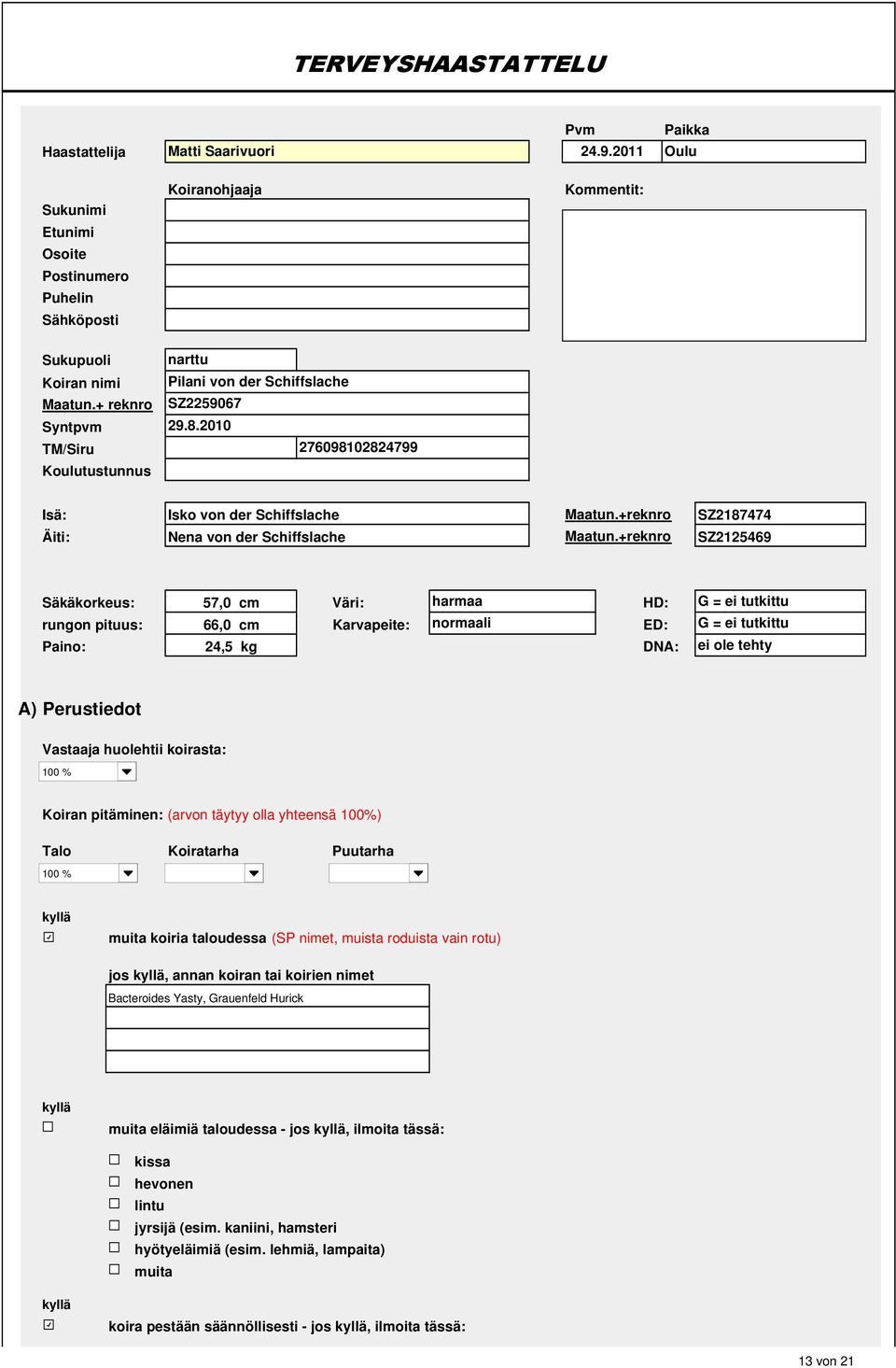 200 TM/Siru 0 27609802824799 Koulutustunnus 0 Isä: Isko von der Schiffslache Maatun.+reknro SZ287474 Äiti: Nena von der Schiffslache Maatun.