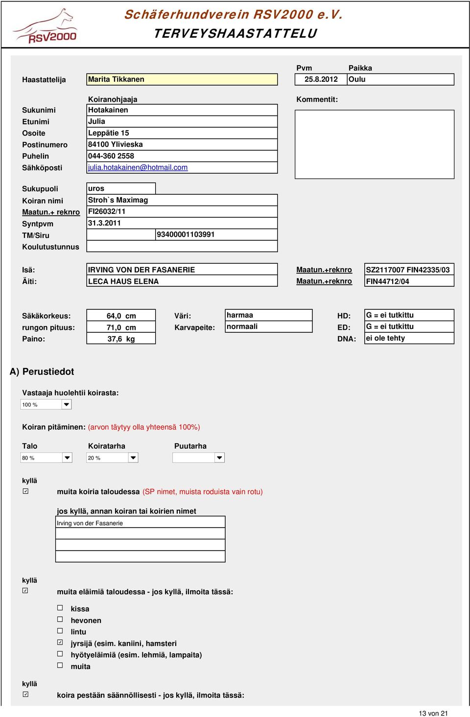 com Sukupuoli uros Koiran nimi Stroh`s Maximag Maatun.+ reknro FI2602/ Syntpvm..20 TM/Siru 0 940000099 Koulutustunnus 0 Isä: IRVING VON DER FASANERIE Maatun.