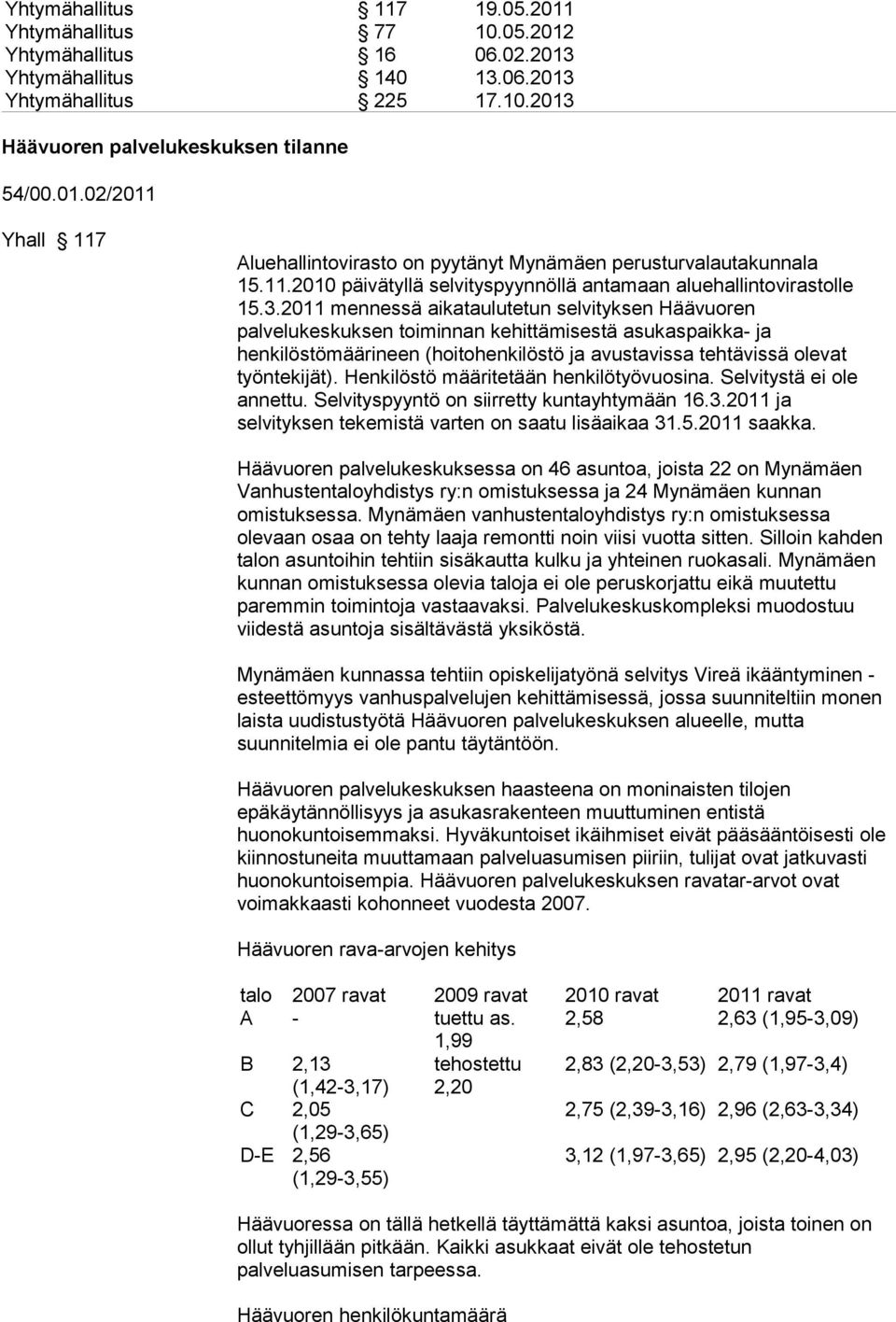 2011 mennessä aikataulutetun selvityksen Häävuoren palvelukeskuksen toiminnan kehittämisestä asukaspaikka- ja henkilöstömäärineen (hoitohenkilöstö ja avustavissa tehtävissä olevat työntekijät).