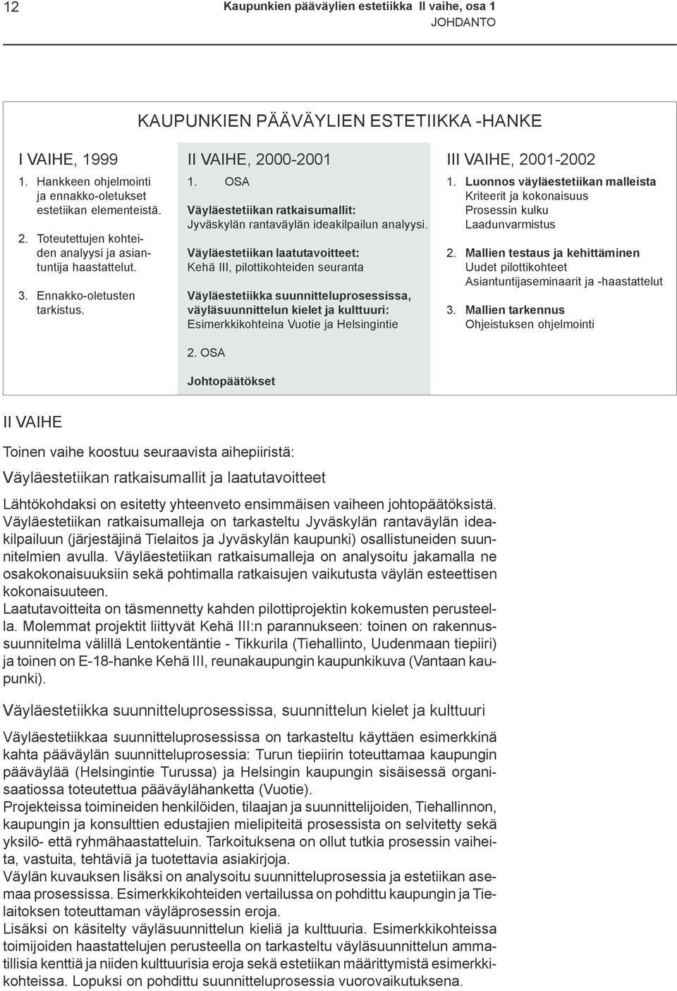 Väyläestetiikan laatutavoitteet: Kehä III, pilottikohteiden seuranta Väyläestetiikka suunnitteluprosessissa, väyläsuunnittelun kielet ja kulttuuri: Esimerkkikohteina Vuotie ja Helsingintie 2.