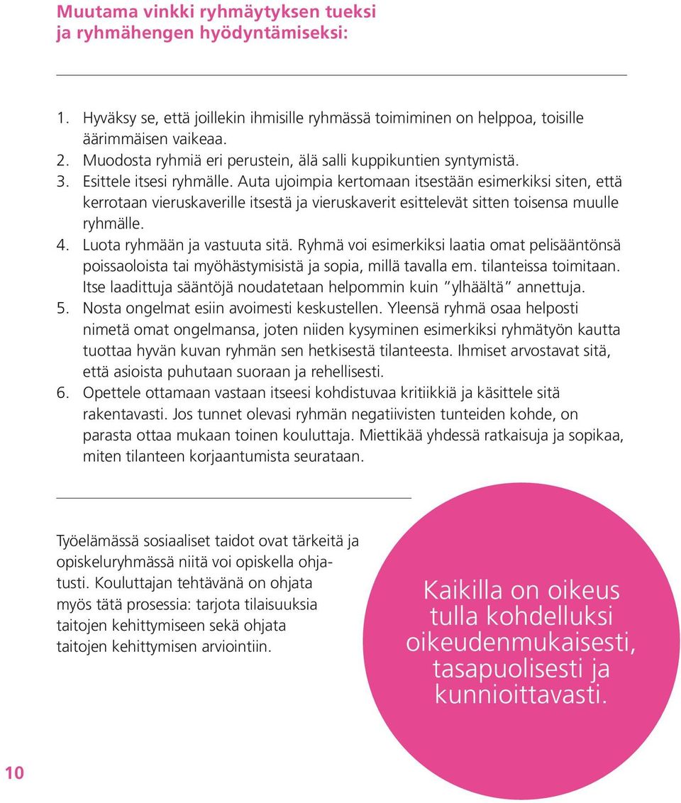 Auta ujoimpia kertomaan itsestään esimerkiksi siten, että kerrotaan vieruskaverille itsestä ja vieruskaverit esittelevät sitten toisensa muulle ryhmälle. 4. Luota ryhmään ja vastuuta sitä.