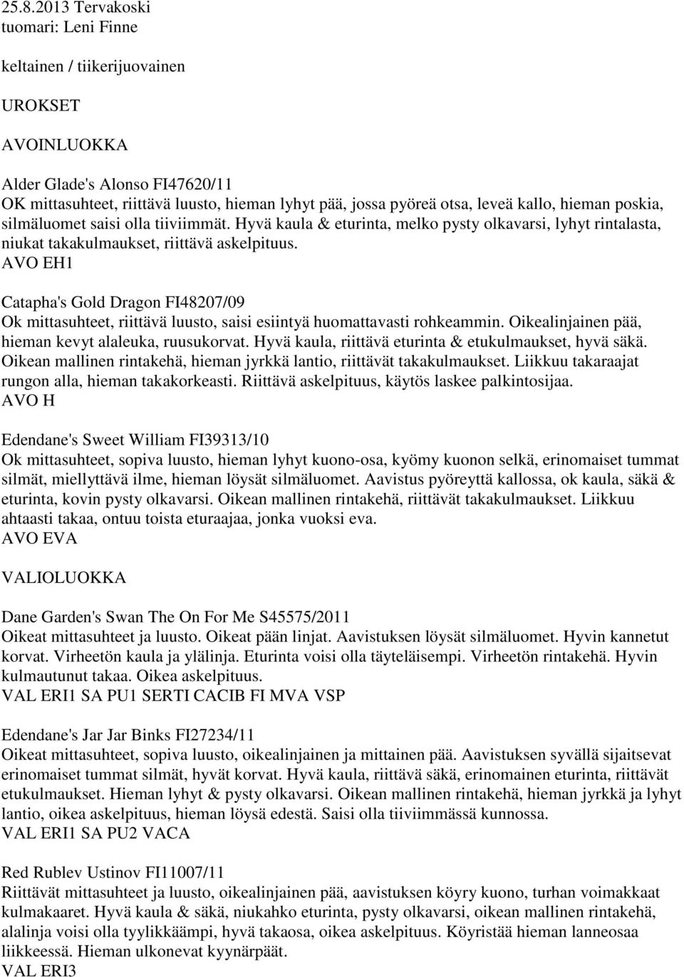 AVO EH1 Catapha's Gold Dragon FI48207/09 Ok mittasuhteet, riittävä luusto, saisi esiintyä huomattavasti rohkeammin. Oikealinjainen pää, hieman kevyt alaleuka, ruusukorvat.