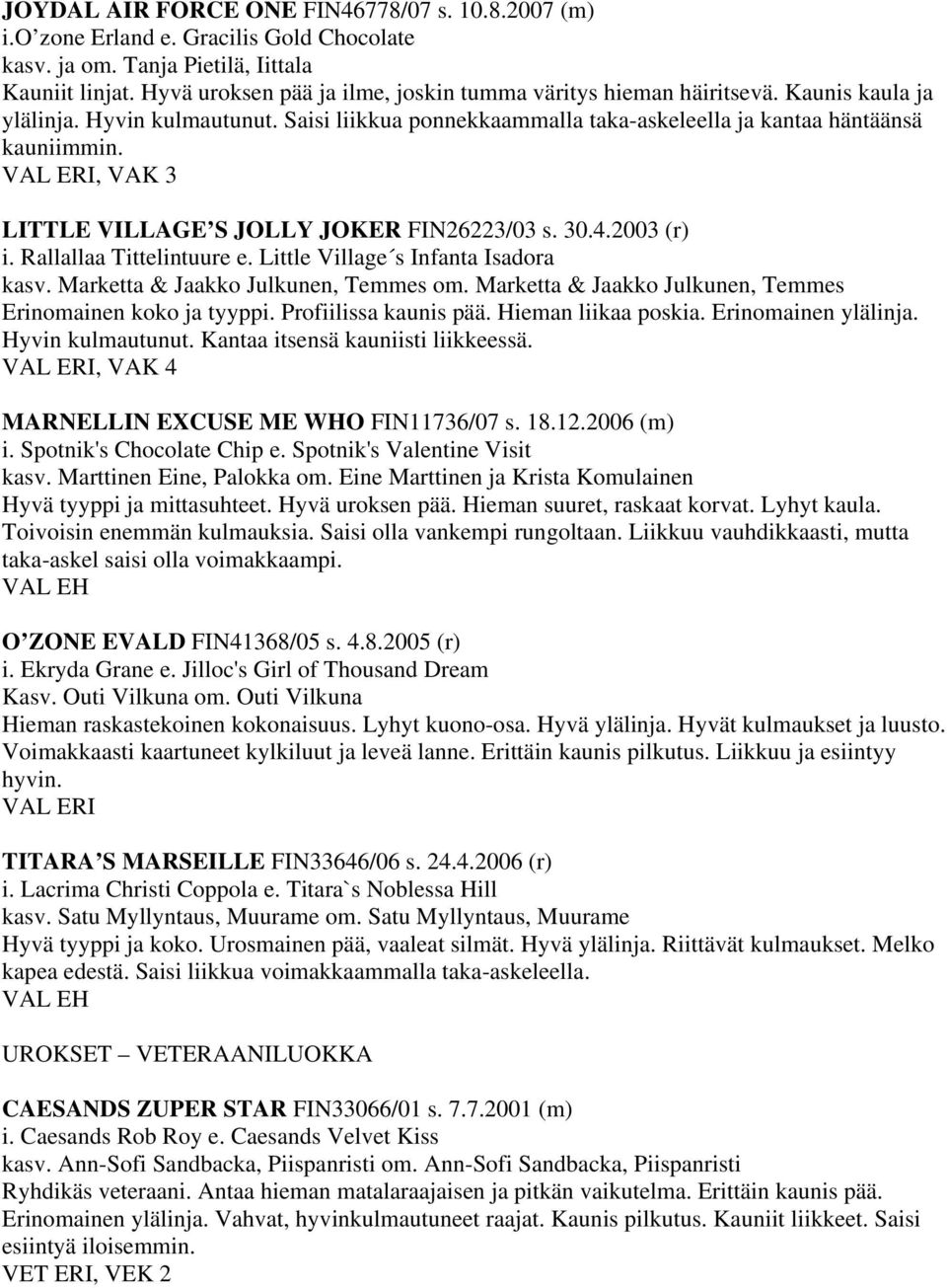 , VAK 3 LITTLE VILLAGE S JOLLY JOKER FIN26223/03 s. 30.4.2003 (r) i. Rallallaa Tittelintuure e. Little Village s Infanta Isadora kasv. Marketta & Jaakko Julkunen, Temmes om.
