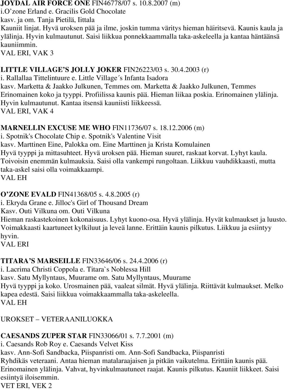 , VAK 3 LITTLE VILLAGE S JOLLY JOKER FIN26223/03 s. 30.4.2003 (r) i. Rallallaa Tittelintuure e. Little Village s Infanta Isadora kasv. Marketta & Jaakko Julkunen, Temmes om.