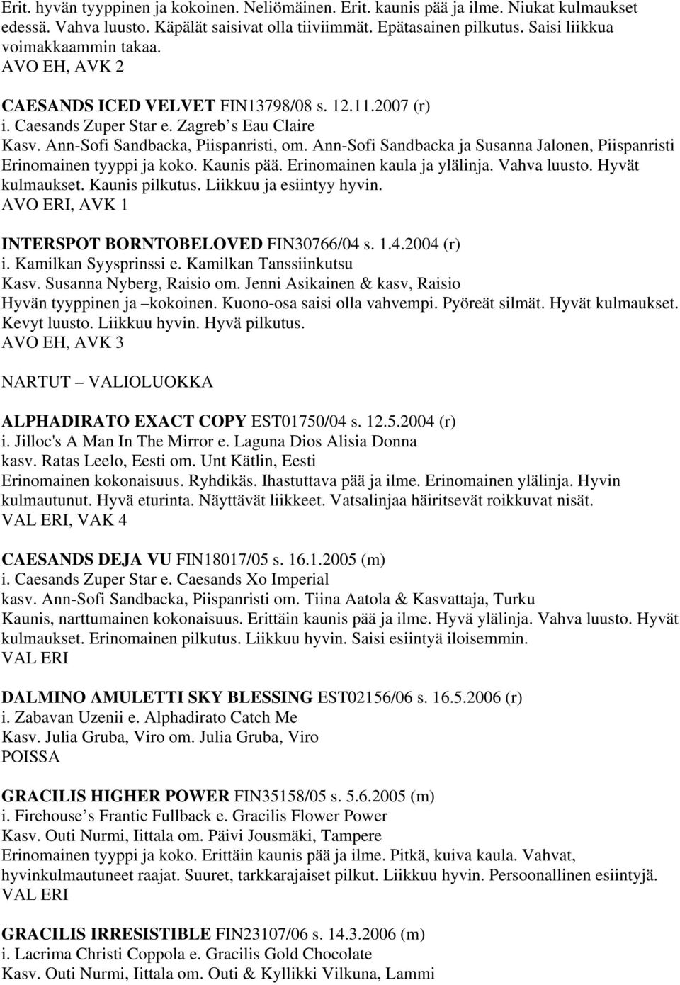 Ann-Sofi Sandbacka ja Susanna Jalonen, Piispanristi Erinomainen tyyppi ja koko. Kaunis pää. Erinomainen kaula ja ylälinja. Vahva luusto. Hyvät kulmaukset. Kaunis pilkutus. Liikkuu ja esiintyy hyvin.