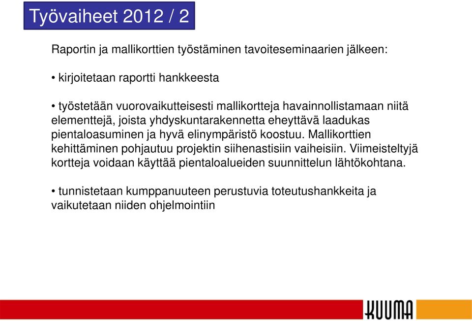 ja hyvä elinympäristö koostuu. Mallikorttien kehittäminen pohjautuu projektin siihenastisiin vaiheisiin.