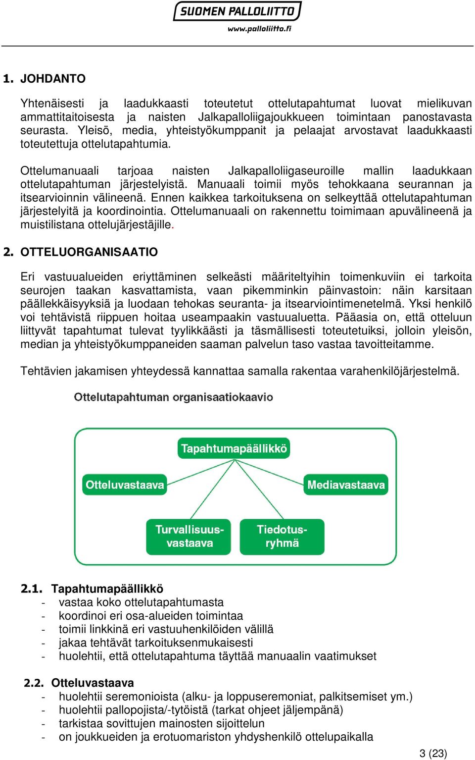 Ottelumanuaali tarjoaa naisten Jalkapalloliigaseuroille mallin laadukkaan ottelutapahtuman järjestelyistä. Manuaali toimii myös tehokkaana seurannan ja itsearvioinnin välineenä.