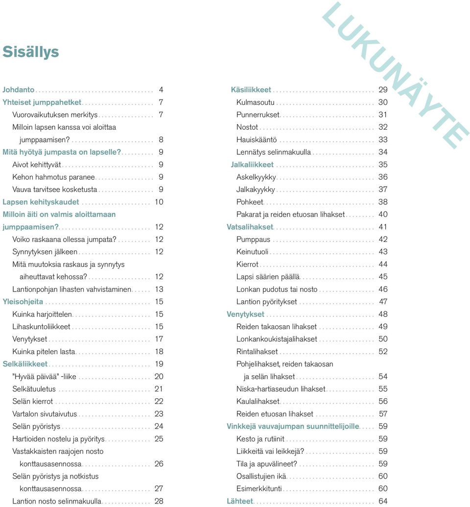 ... 12 Synnytyksen jälkeen... 12 Mitä muutoksia raskaus ja synnytys aiheuttavat kehossa?... 12 Lantionpohjan lihasten vahvistaminen... 13 Yleisohjeita... 15 Kuinka harjoittelen... 15 Lihaskuntoliikkeet.