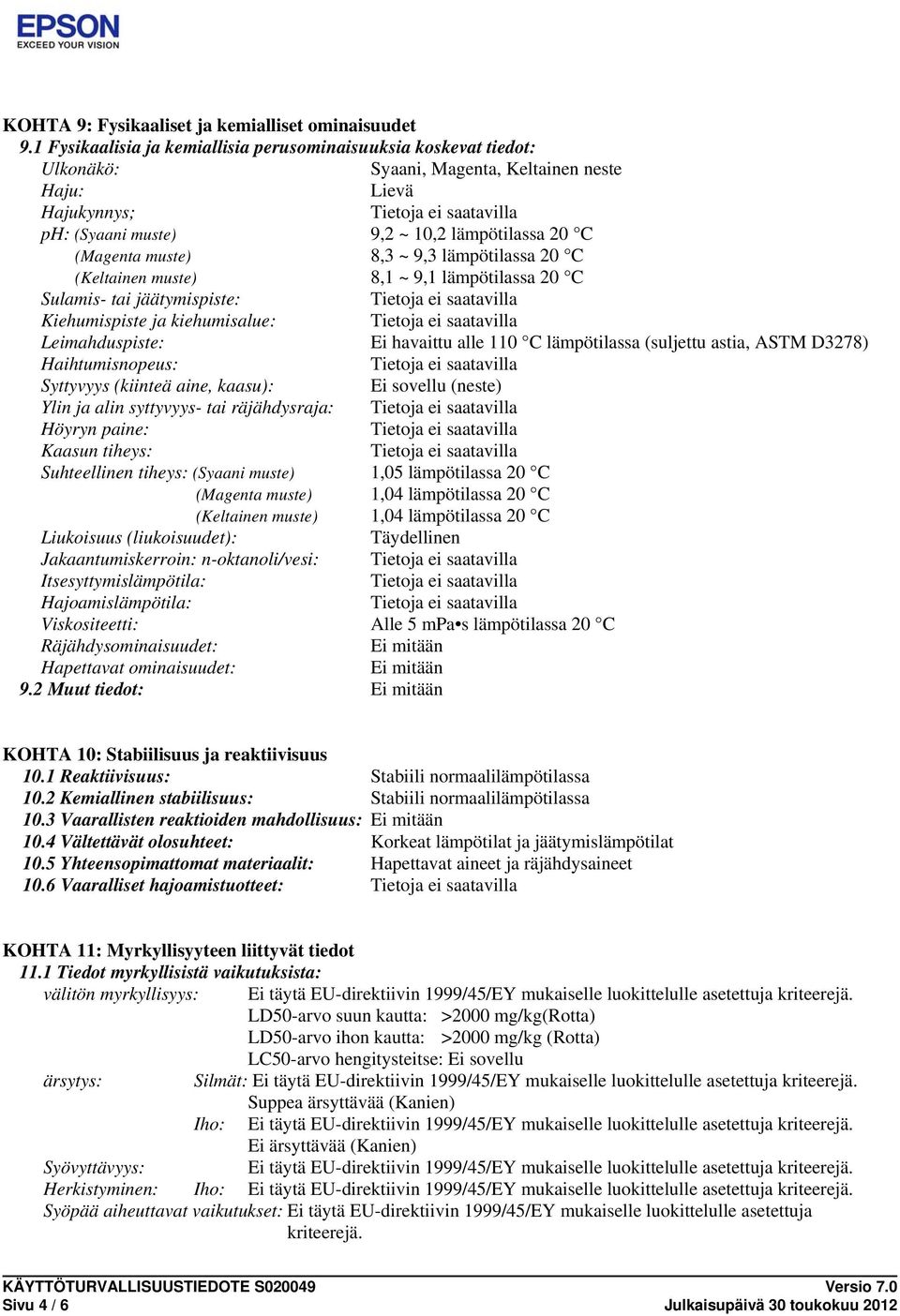 8,3 ~ 9,3 lämpötilassa 20 C (Keltainen muste) 8,1 ~ 9,1 lämpötilassa 20 C Sulamis- tai jäätymispiste: Kiehumispiste ja kiehumisalue: Leimahduspiste: Ei havaittu alle 110 C lämpötilassa (suljettu