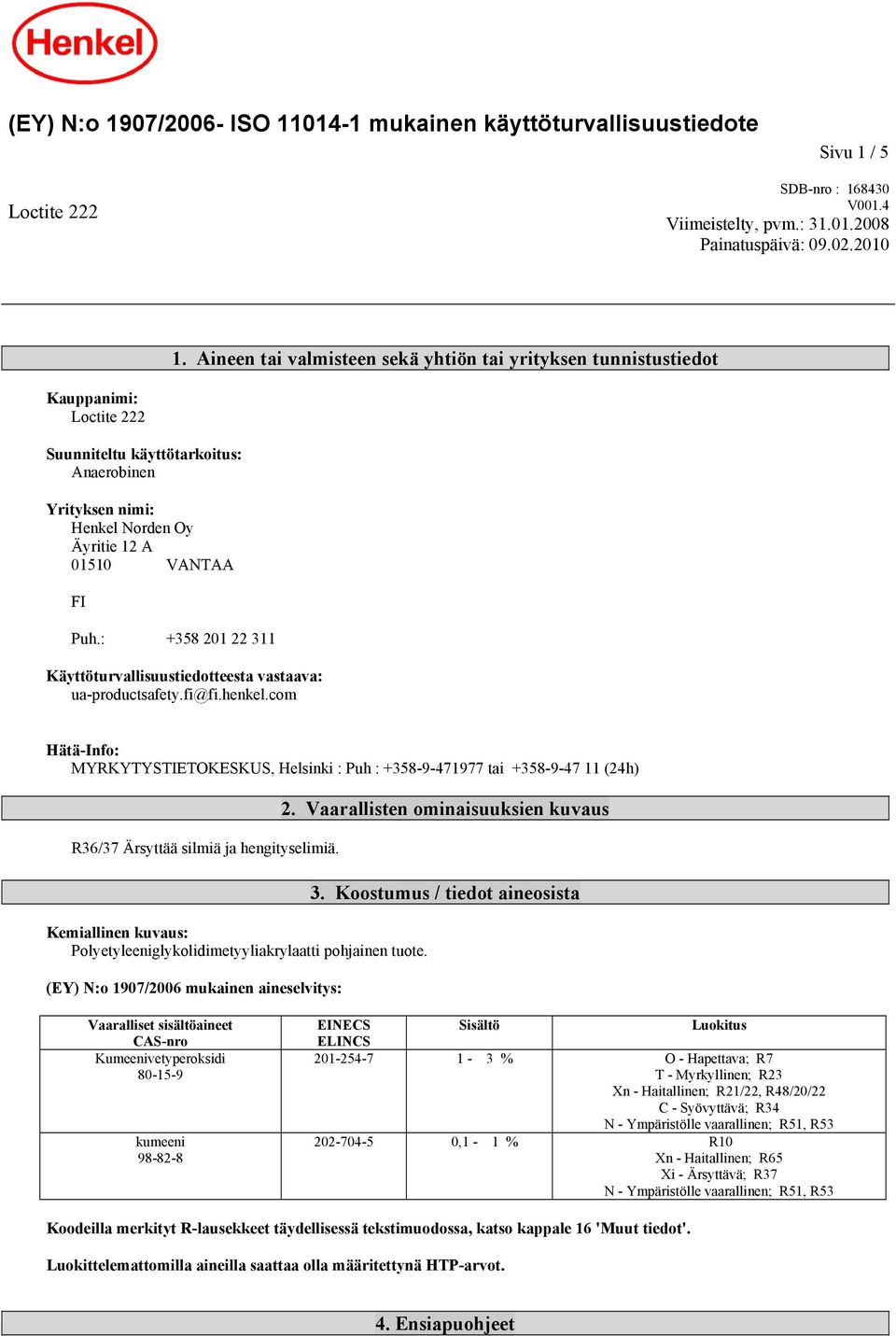 : +358 201 22 311 Käyttöturvallisuustiedotteesta vastaava: ua-productsafety.fi@fi.henkel.