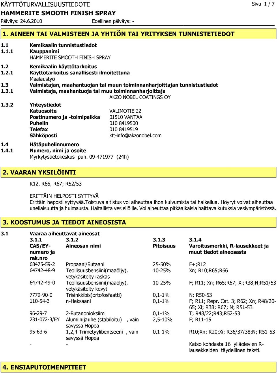 3.2 Yhteystiedot Katuosoite VALIMOTIE 22 Postinumero ja -toimipaikka 01510 VANTAA Puhelin 010 8419500 Telefax 010 8419519 Sähköposti ktt-info@akzonobel.com 1.4 Hätäpuhelinnumero 1.4.1 Numero, nimi ja osoite Myrkytystietokeskus puh.