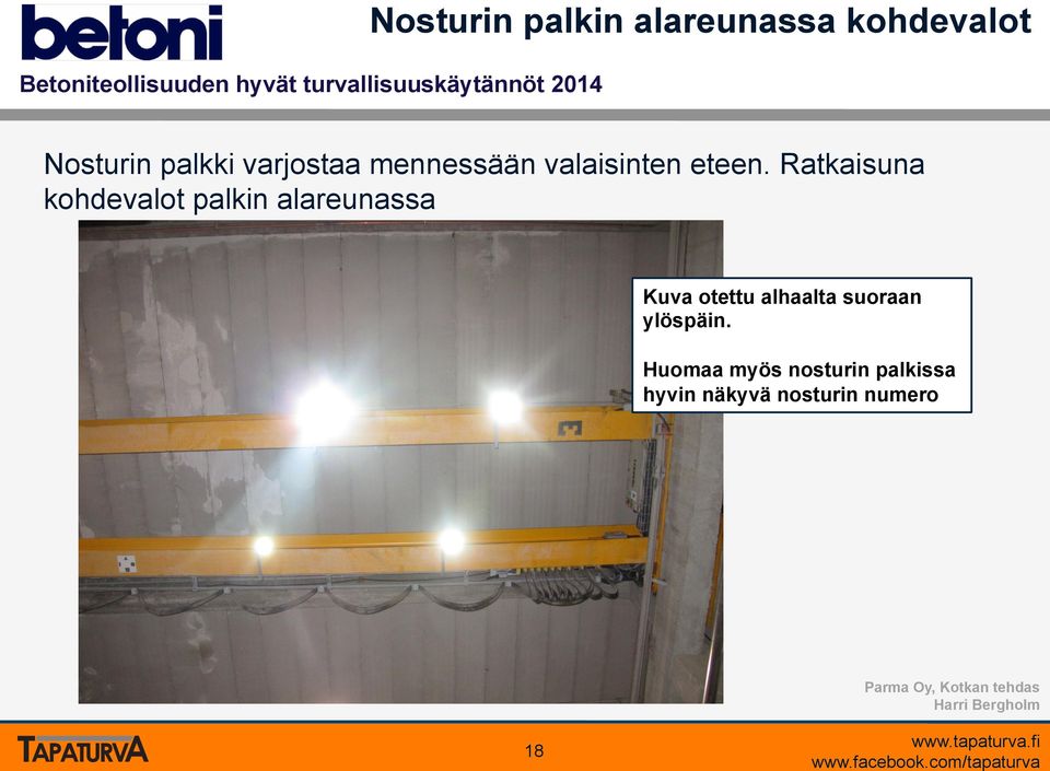 Ratkaisuna kohdevalot palkin alareunassa Kuva otettu alhaalta suoraan ylöspäin.