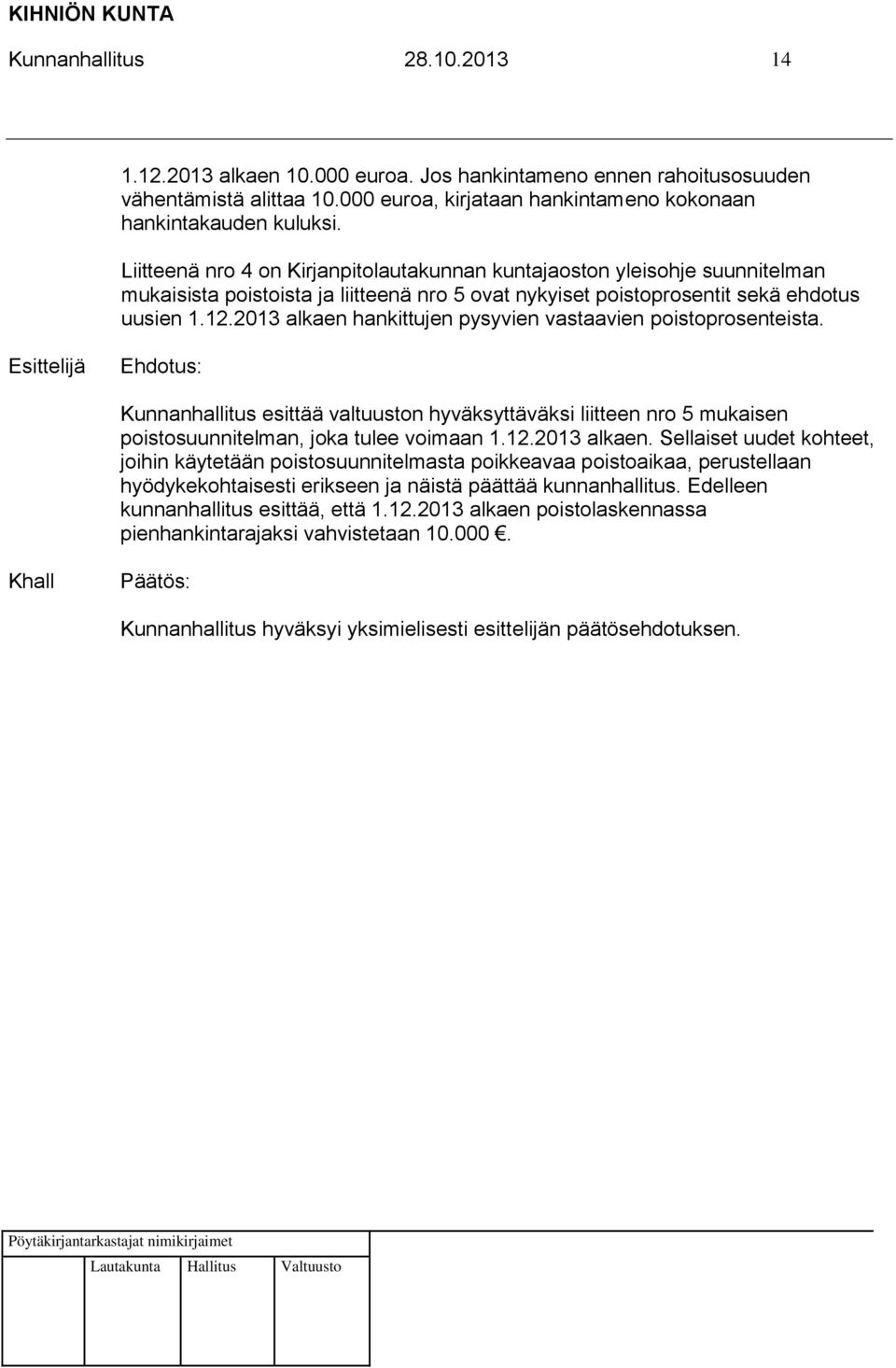 2013 alkaen hankittujen pysyvien vastaavien poistoprosenteista. Kunnanhallitus esittää valtuuston hyväksyttäväksi liitteen nro 5 mukaisen poistosuunnitelman, joka tulee voimaan 1.12.2013 alkaen. Sellaiset uudet kohteet, joihin käytetään poistosuunnitelmasta poikkeavaa poistoaikaa, perustellaan hyödykekohtaisesti erikseen ja näistä päättää kunnanhallitus.