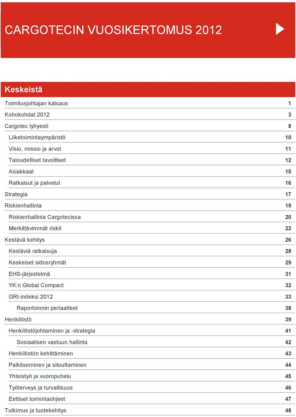 Global Compact GRI-indeksi 2012 Raportoinnin periaatteet Henkilöstö Henkilöstöjohtaminen ja -strategia Sosiaalisen vastuun hallinta Henkilöstön kehittäminen Palkitseminen ja