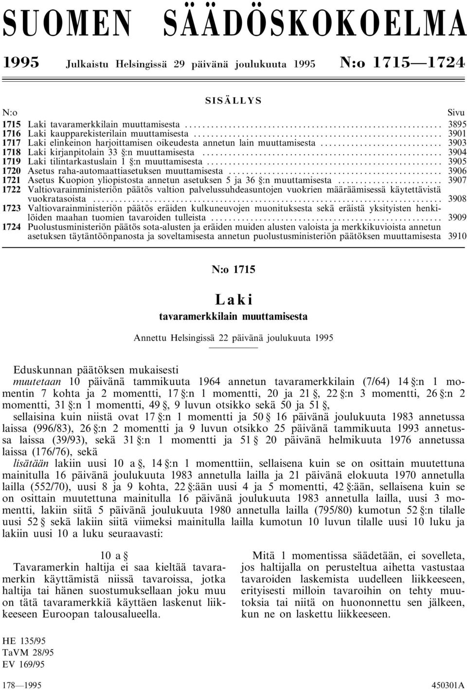 .. 3905 1720 Asetus raha-automaattiasetuksen muuttamisesta... 3906 1721 Asetus Kuopion yliopistosta annetun asetuksen 5 ja 36 :n muuttamisesta.