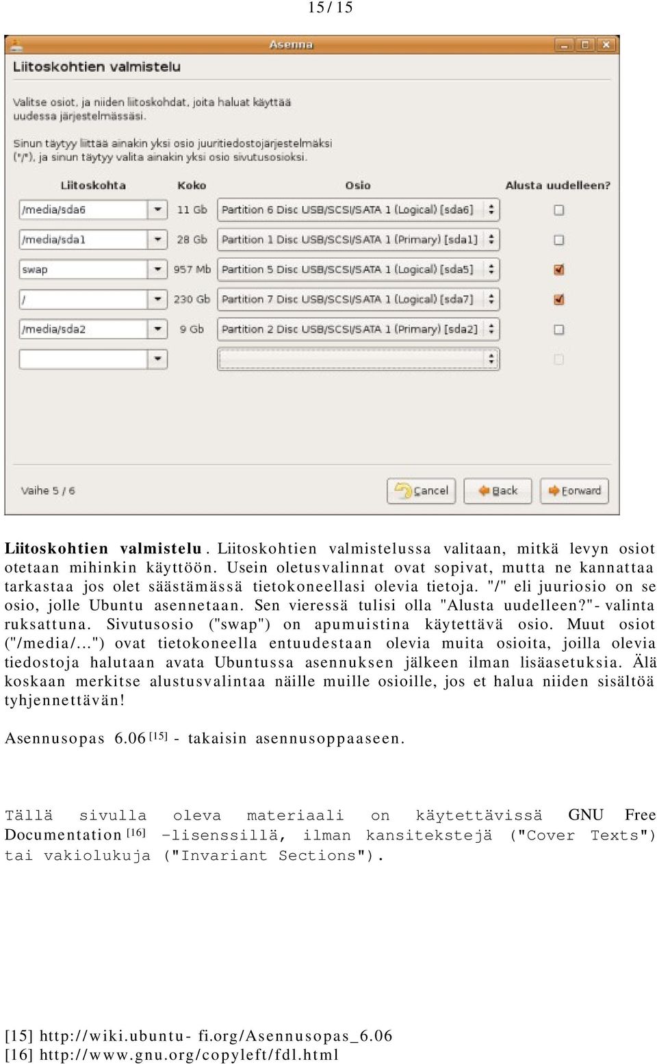 Sen vieressä tulisi olla "Alusta uudelleen?"- valinta ruksattuna. Sivutusosio ("swap") on apumuistina käytettävä osio. Muut osiot ("/media/.