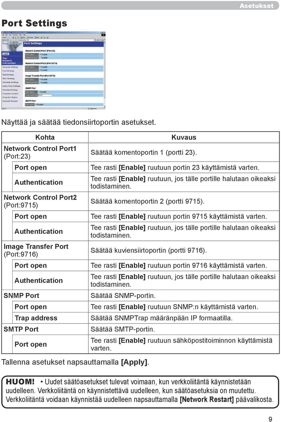 address SMTP Port Port open Tallenna asetukset napsauttamalla [Apply]. Säätää komentoportin 1 (portti 23). Tee rasti [Enable] ruutuun portin 23 käyttämistä varten.