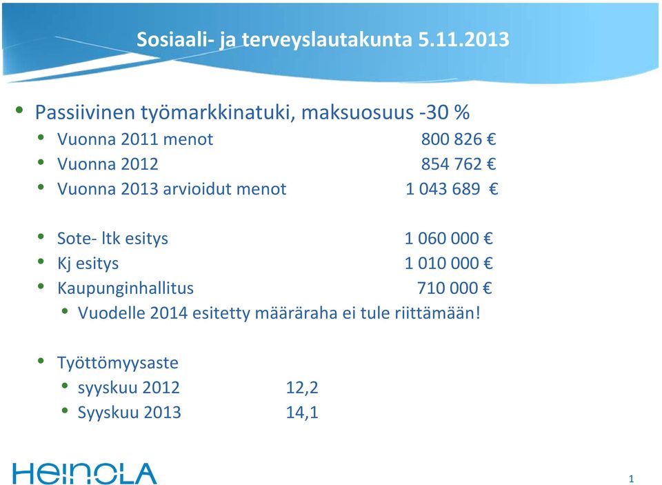 2012 854 762 Vuonna 2013 arvioidut menot 1 043 689 Sote ltk esitys 1 060 000 Kj esitys