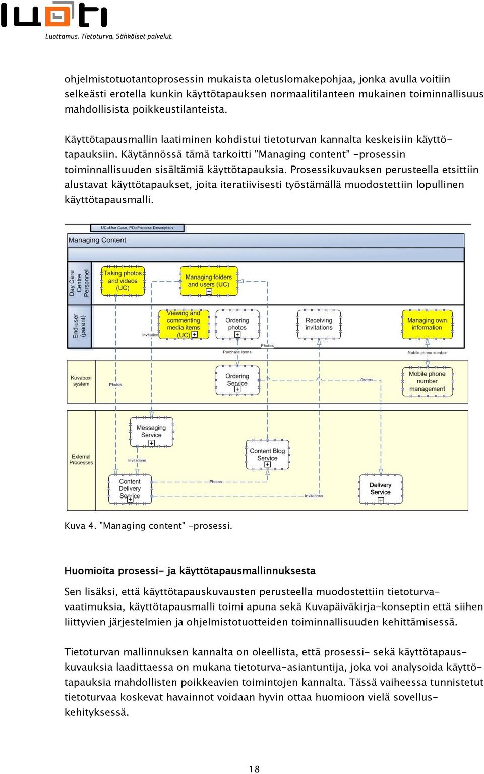 Prosessikuvauksen perusteella etsittiin alustavat käyttötapaukset, joita iteratiivisesti työstämällä muodostettiin lopullinen käyttötapausmalli. Kuva 4. Managing content -prosessi.