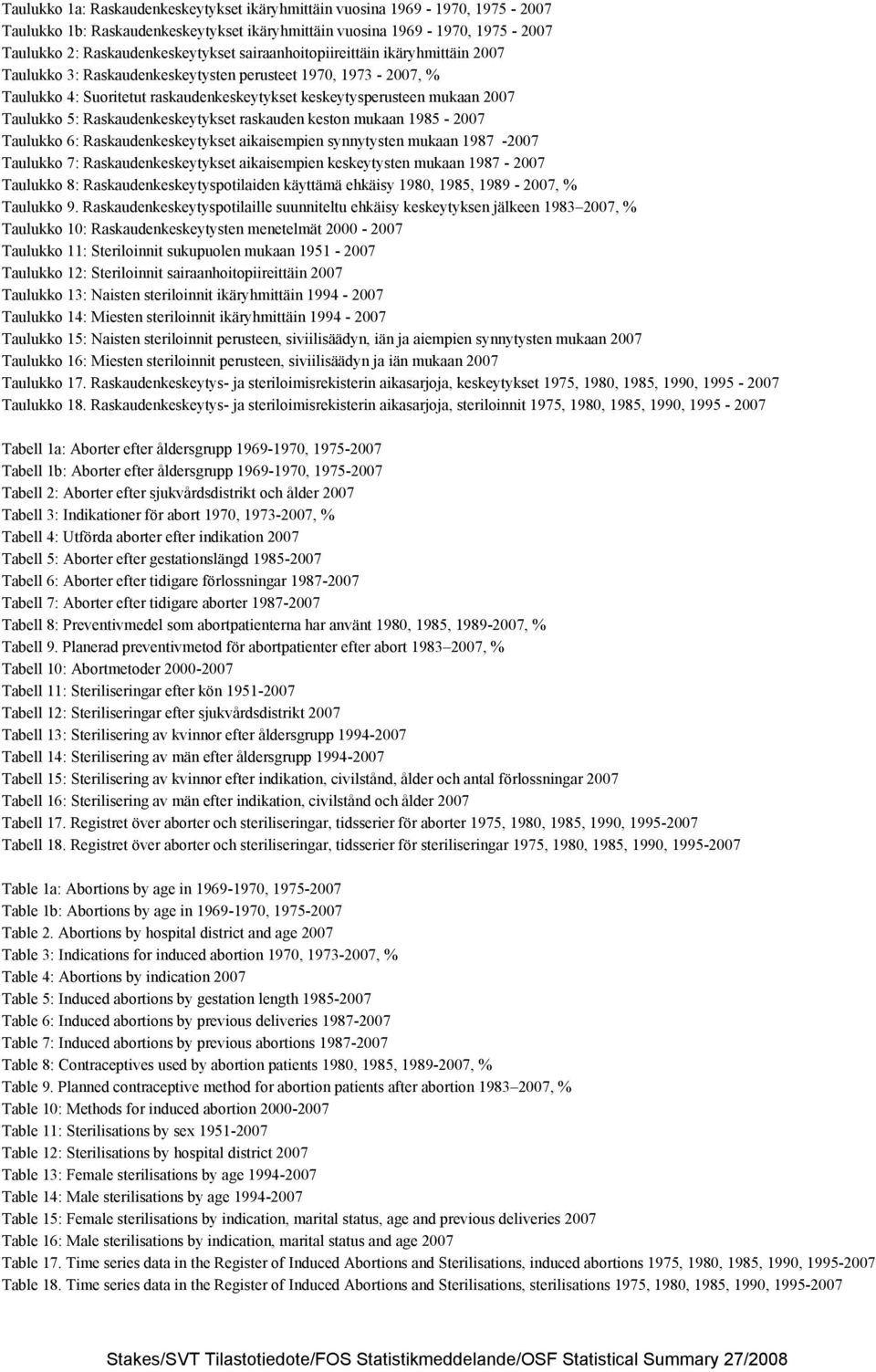 Raskaudenkeskeytykset raskauden keston mukaan 1985-2007 Taulukko 6: Raskaudenkeskeytykset aikaisempien synnytysten mukaan 1987-2007 Taulukko 7: Raskaudenkeskeytykset aikaisempien keskeytysten mukaan