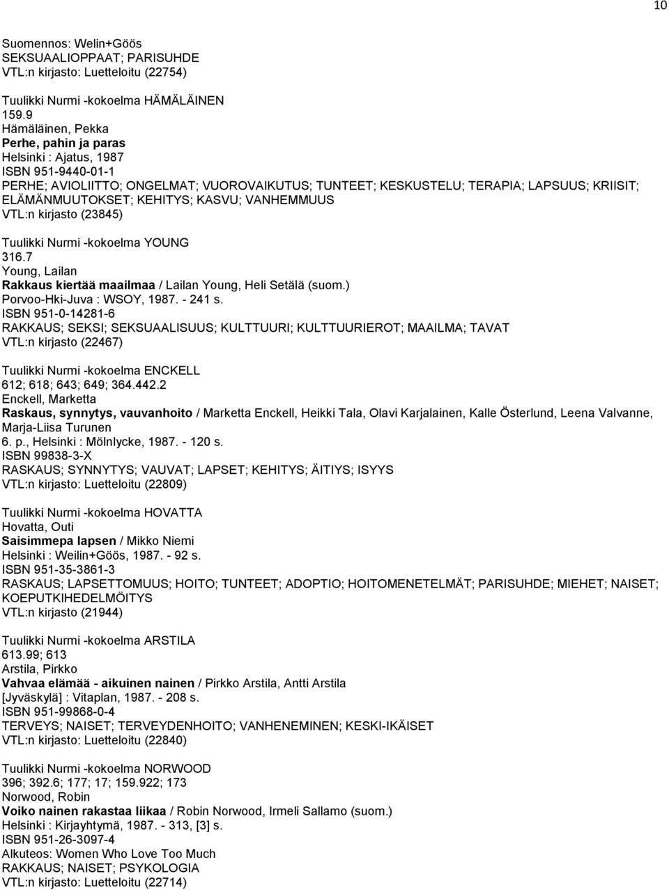 KEHITYS; KASVU; VANHEMMUUS VTL:n kirjasto (23845) Tuulikki Nurmi -kokoelma YOUNG 316.7 Young, Lailan Rakkaus kiertää maailmaa / Lailan Young, Heli Setälä (suom.) Porvoo-Hki-Juva : WSOY, 1987. - 241 s.