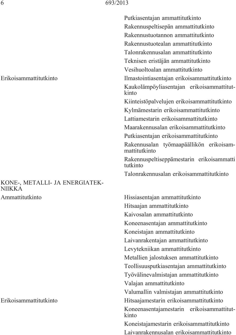Kiinteistöpalvelujen erikoisammattitutkinto Kylmämestarin erikoisammattitutkinto Lattiamestarin erikoisammattitutkinto Maarakennusalan erikoisammattitutkinto Putkiasentajan erikoisammattitutkinto