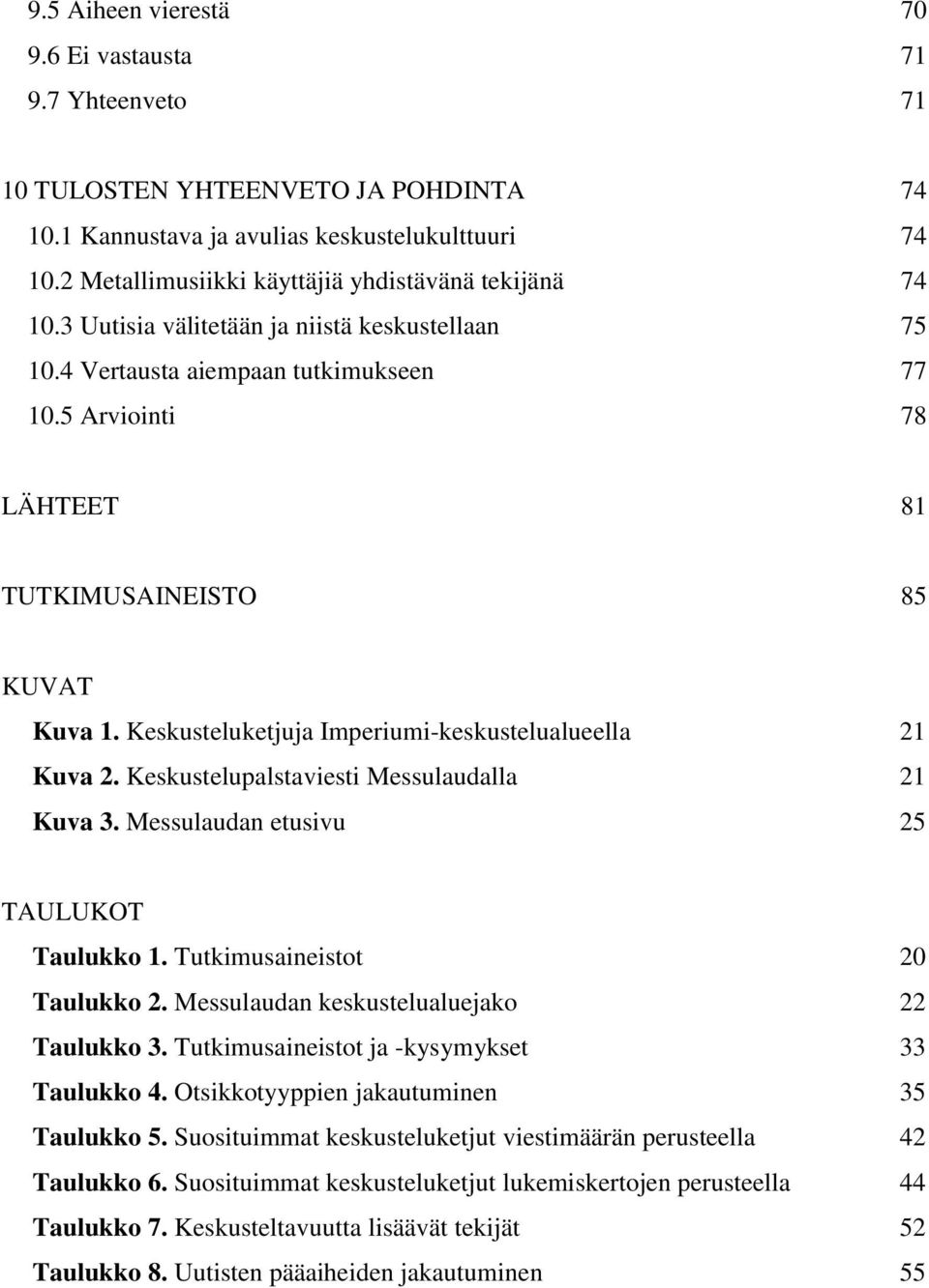 5 Arviointi 78 LÄHTEET 81 TUTKIMUSAINEISTO 85 KUVAT Kuva 1. Keskusteluketjuja Imperiumi-keskustelualueella 21 Kuva 2. Keskustelupalstaviesti Messulaudalla 21 Kuva 3.