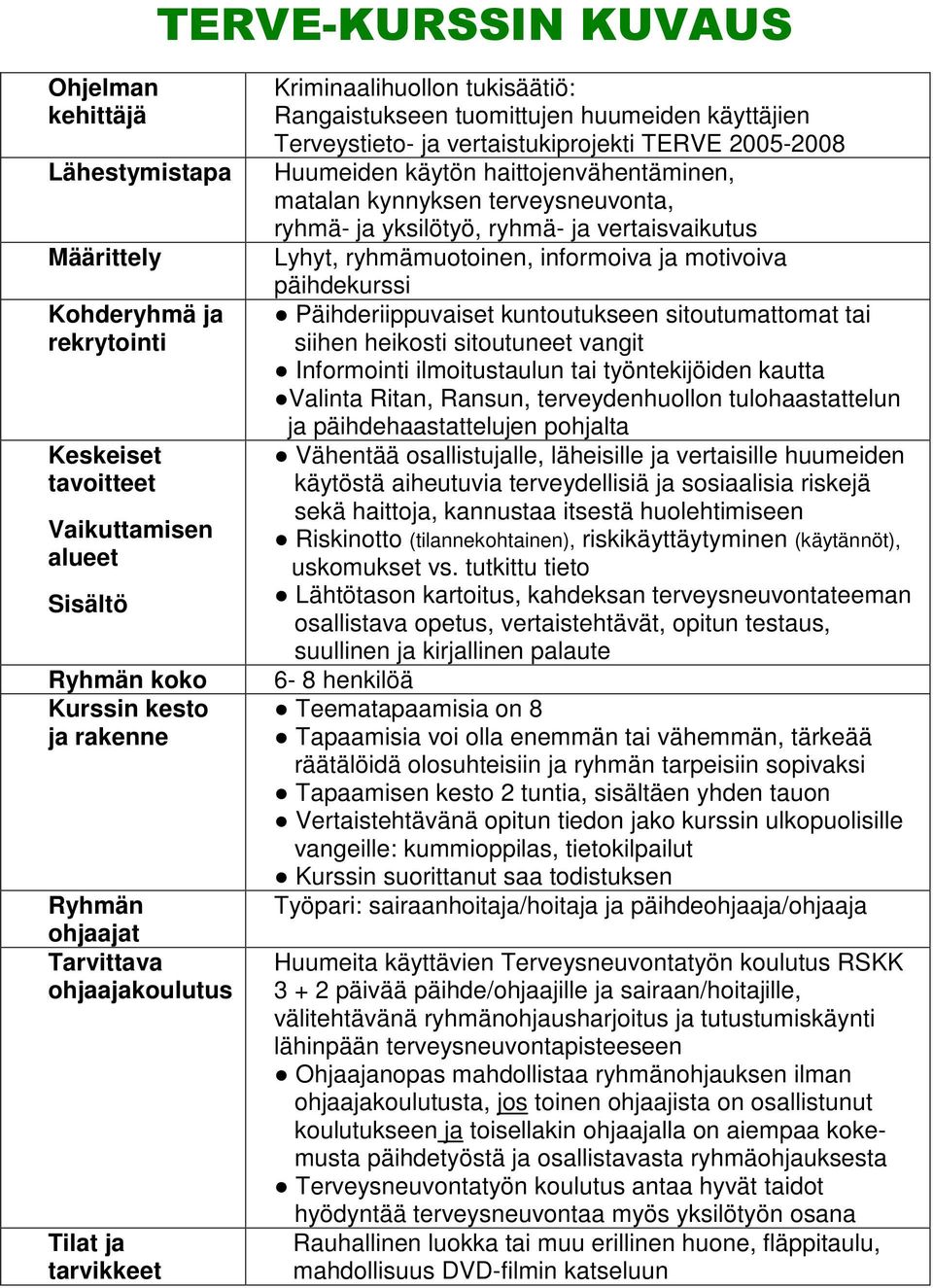 haittojenvähentäminen, matalan kynnyksen terveysneuvonta, ryhmä- ja yksilötyö, ryhmä- ja vertaisvaikutus Lyhyt, ryhmämuotoinen, informoiva ja motivoiva päihdekurssi Päihderiippuvaiset kuntoutukseen