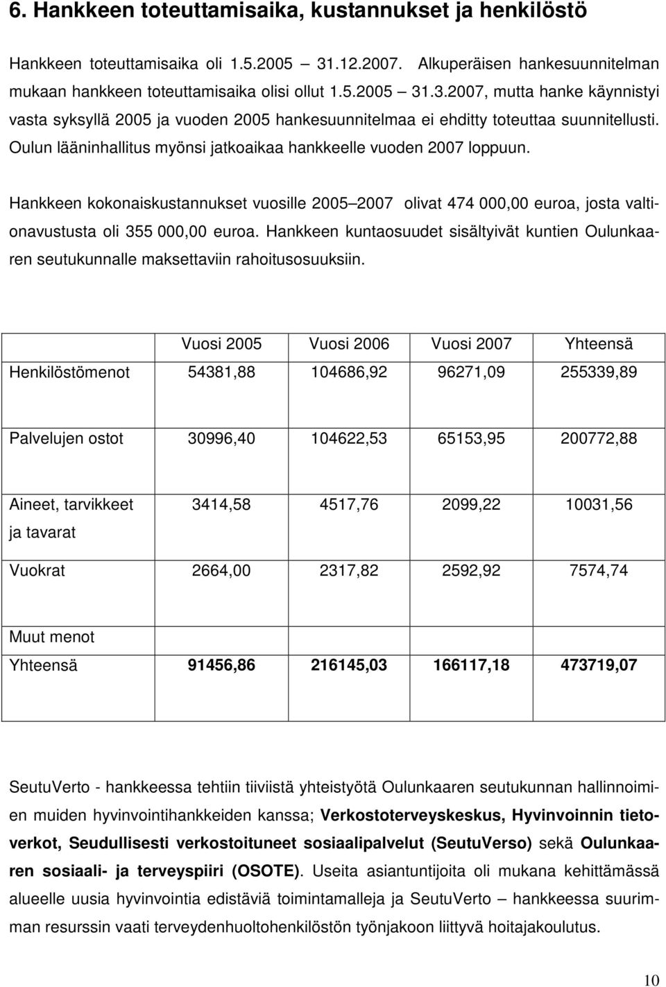 .3.2007, mutta hanke käynnistyi vasta syksyllä 2005 ja vuoden 2005 hankesuunnitelmaa ei ehditty toteuttaa suunnitellusti. Oulun lääninhallitus myönsi jatkoaikaa hankkeelle vuoden 2007 loppuun.