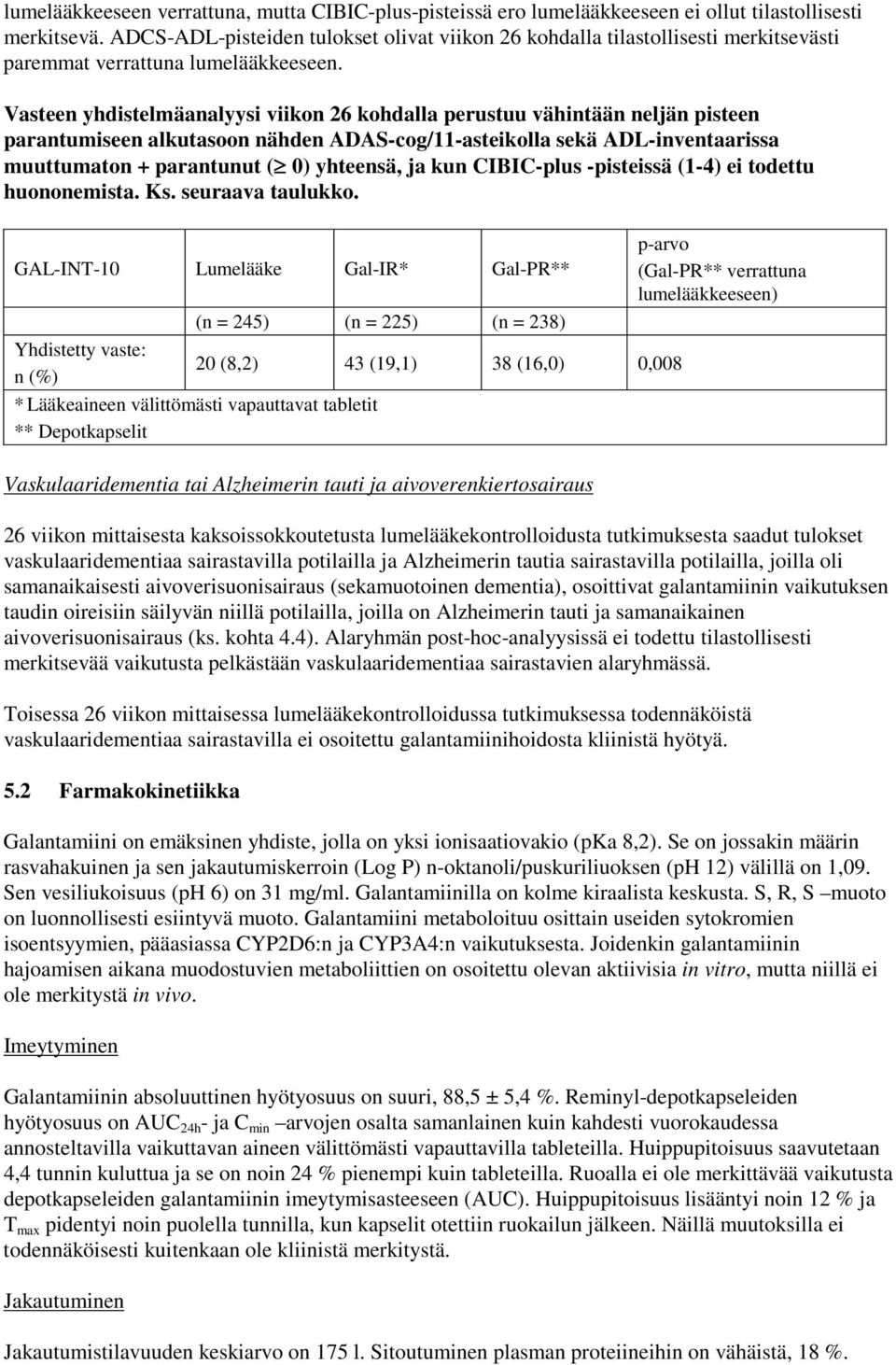 Vasteen yhdistelmäanalyysi viikon 26 kohdalla perustuu vähintään neljän pisteen parantumiseen alkutasoon nähden ADAS-cog/11-asteikolla sekä ADL-inventaarissa muuttumaton + parantunut ( 0) yhteensä,