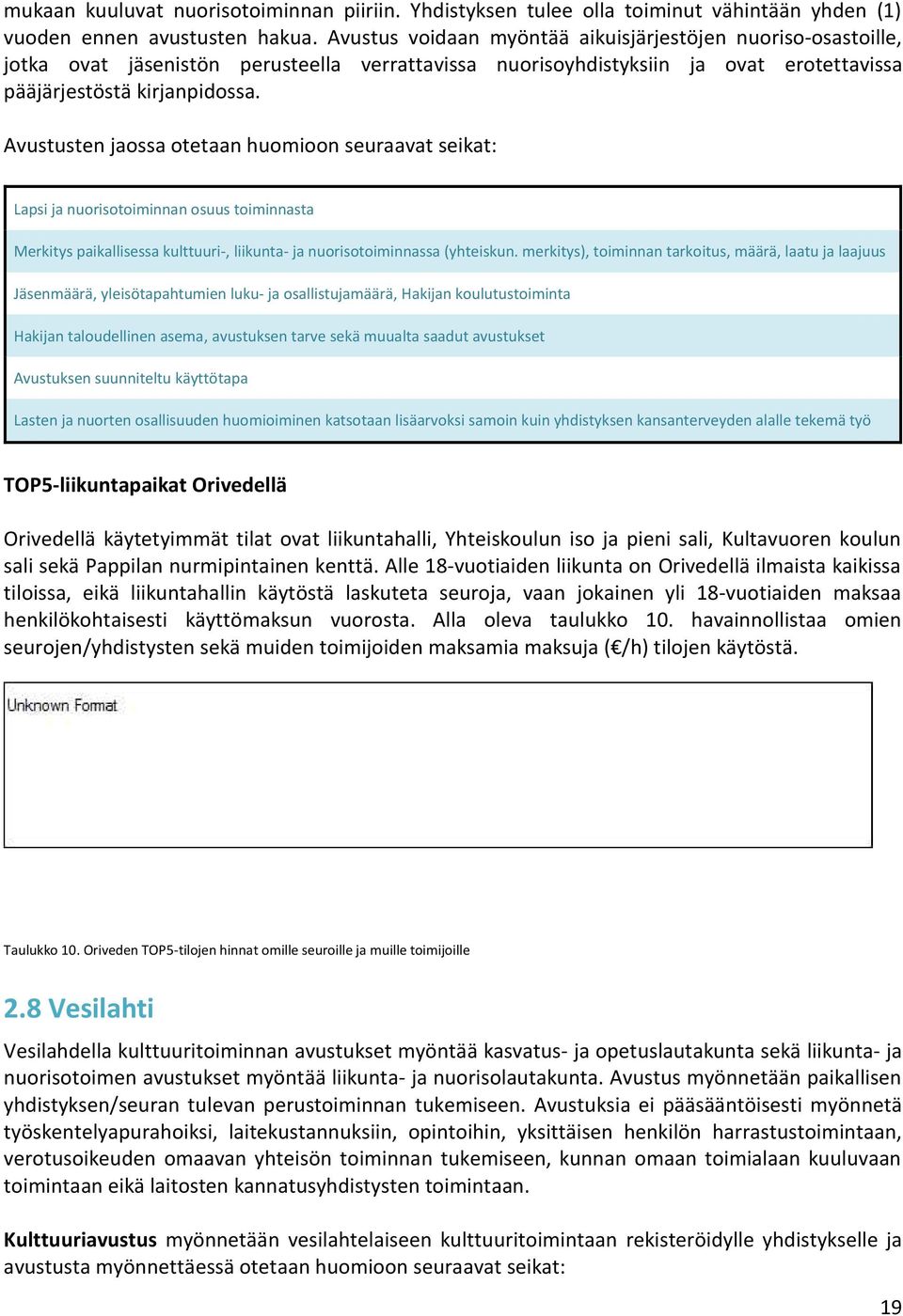 Avustusten jaossa otetaan huomioon seuraavat seikat: Lapsi ja nuorisotoiminnan osuus toiminnasta Merkitys paikallisessa kulttuuri-, liikunta- ja nuorisotoiminnassa (yhteiskun.