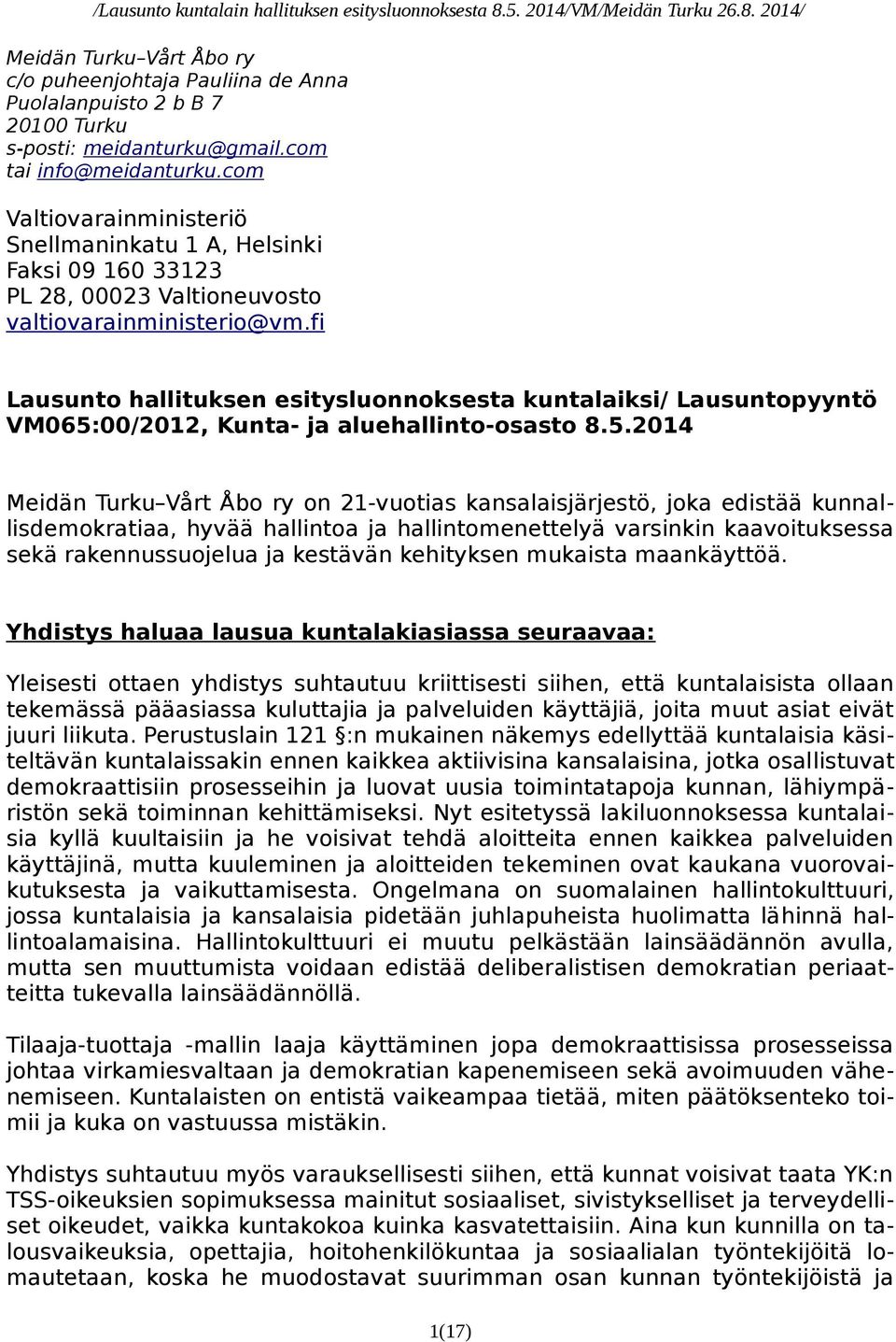 fi Lausunto hallituksen esitysluonnoksesta kuntalaiksi/ Lausuntopyyntö VM065: