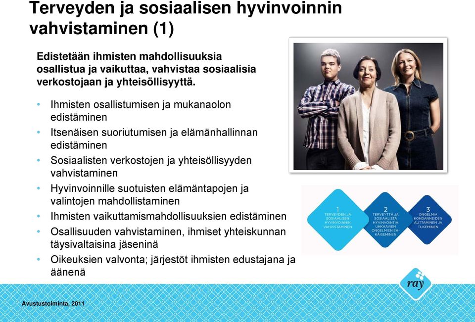 Ihmisten osallistumisen ja mukanaolon edistäminen Itsenäisen suoriutumisen ja elämänhallinnan edistäminen Sosiaalisten verkostojen ja yhteisöllisyyden