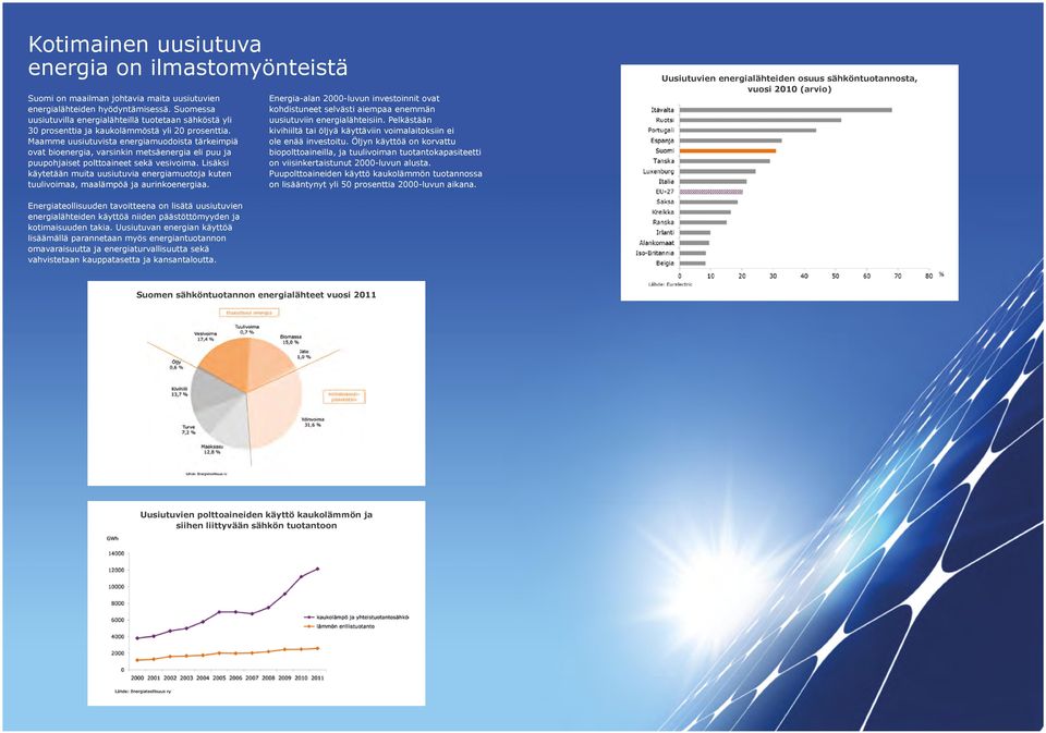 Maamme uusiutuvista energiamuodoista tärkeimpiä ovat bioenergia, varsinkin metsäenergia eli puu ja puupohjaiset polttoaineet sekä vesivoima.