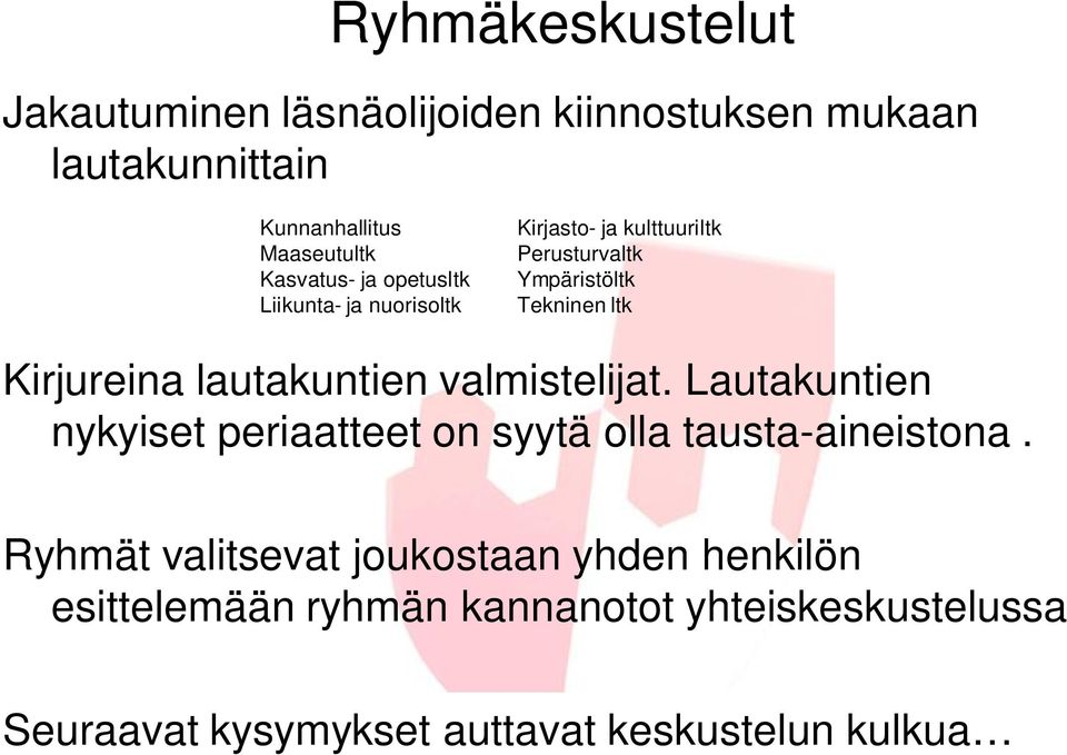 Kirjureina lautakuntien valmistelijat. Lautakuntien nykyiset periaatteet on syytä olla tausta-aineistona.