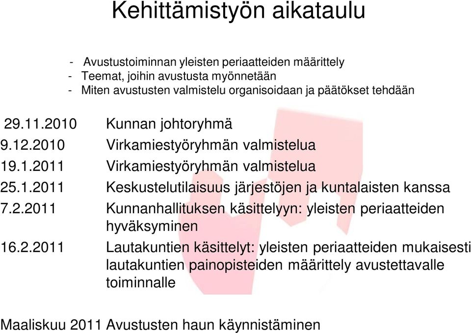 2.2011 Kunnanhallituksen käsittelyyn: yleisten periaatteiden hyväksyminen 16.2.2011 Lautakuntien käsittelyt: yleisten periaatteiden mukaisesti